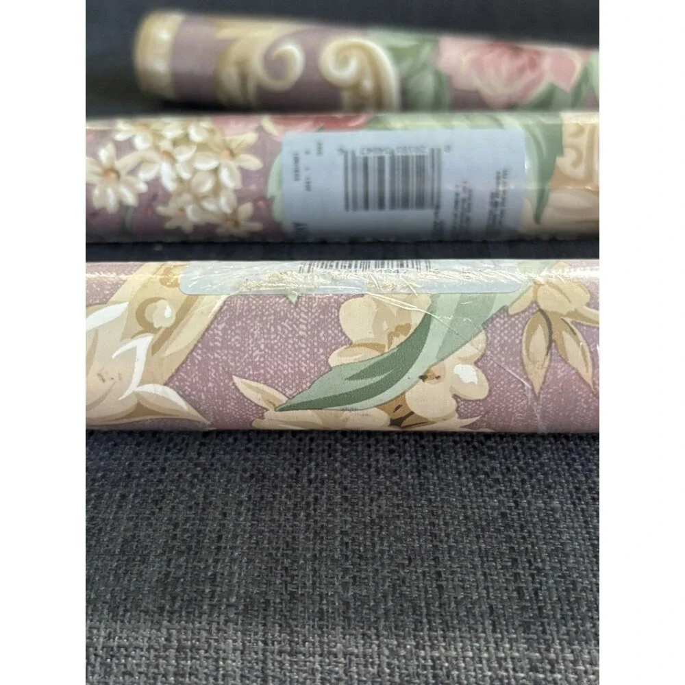VTG Sunworthy Wallpaper Border 3 Rolls Floral w/ Scroll Pink Mauve Gold Cottage